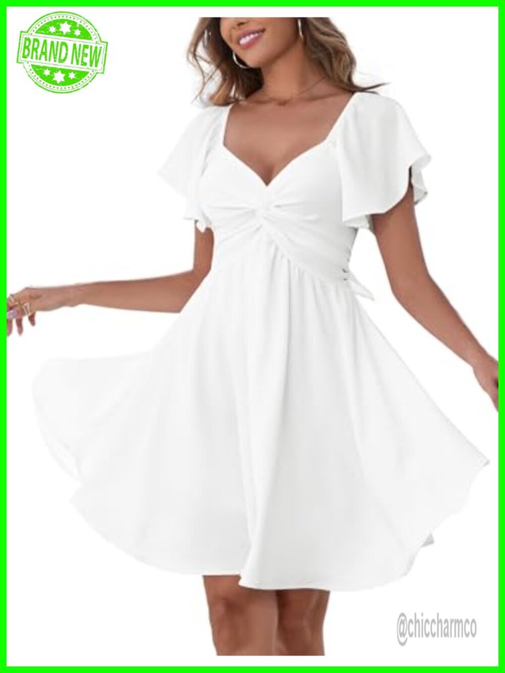 Chiffon Mini Dress Knot Front Flutter Sleeve Tie Back A-Line